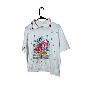 act III Womens White Floral Bow Short Sleeve Collared Sweatshirt Top Made in USA